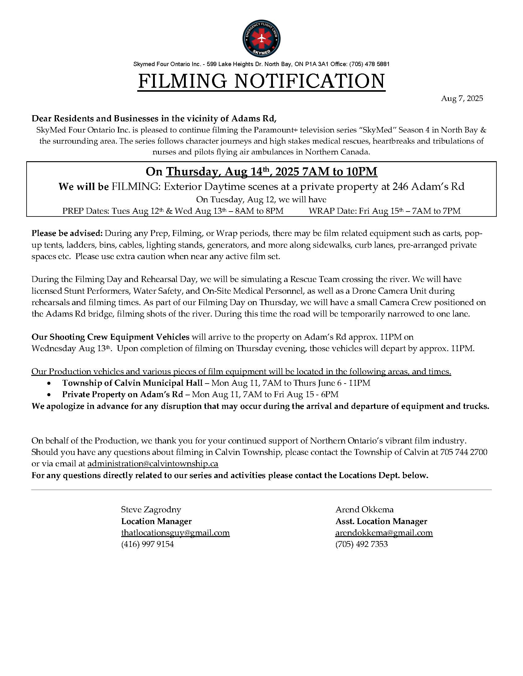Letter from Filming Company